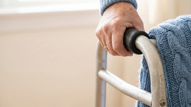 Elderly Hand Gripping a Walker for Mobility, Independence and Senior Care Support
