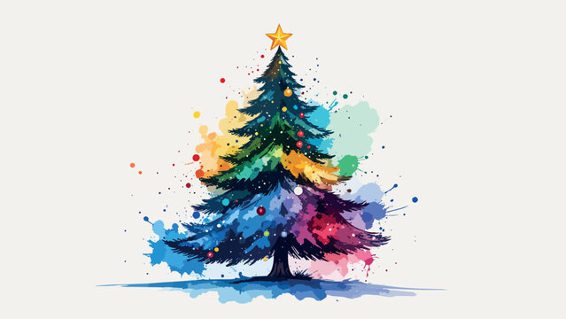 Christmas tree creating watercolor paint splatters on white