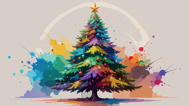 Colorful christmas tree with art paint splashes