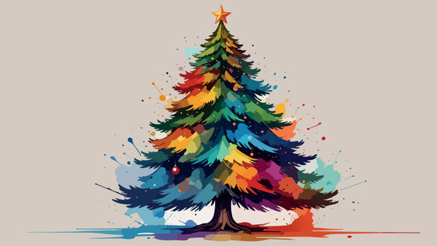 Christmas tree presenting abstract colorful paint splatters