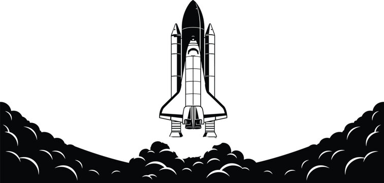 Space shuttle launch vector illustration black and white rocket takeoff above clouds isolated on white background for space exploration concept