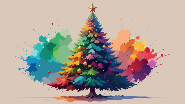Vibrant christmas tree with abstract watercolor paint splash