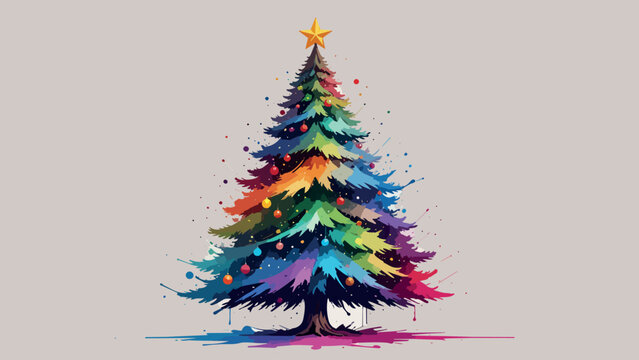 Colorful watercolor painted christmas tree with splashes