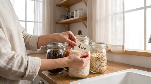 Woman putting a rice label on a glass jar filled with raw rice in the kitchen.