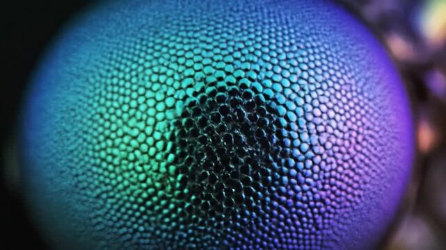 Compound eye of iridescent blue insect macro.
