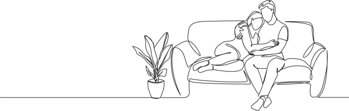 continuous line drawing of a young couple relaxing and cuddling together on sofa, minimalist line art vector illustration