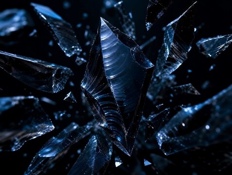 A large sharp shard of dark obsidian glass floating in the center surrounded by smaller jagged fragments of broken glass against a black void