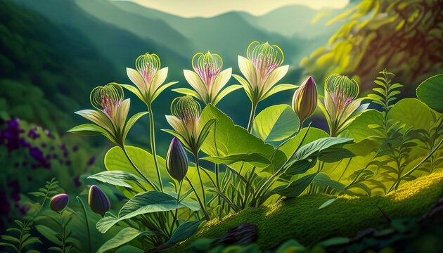 Glandora Diffusa Flowers Growing Among Green Vegetation Natural Botanical Scene With Wild Plants In An Outdoor Setting