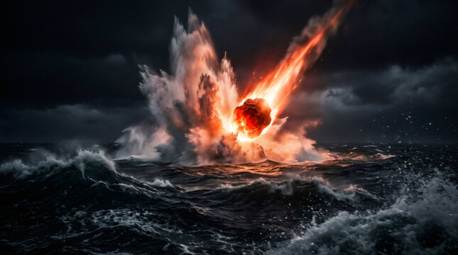 Burning asteroid crashing into dark stormy ocean. Huge fireball impact with water splash. Dramatic cosmic disaster, space catastrophe and global extinction event concept illustration.