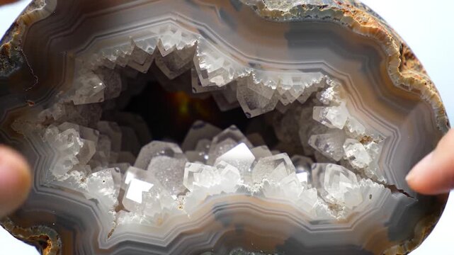 Cross section of agate geode with white quartz crystals.