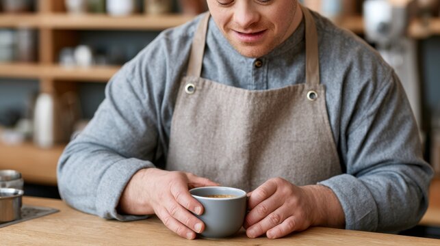 Male barista with Down syndrome wearing a gray shirt and beige apron holds a small cup of coffee while seated at a wooden counter in a cozy cafe