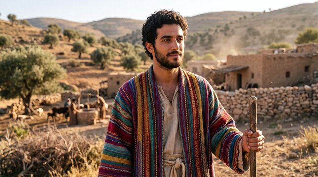 AI generated biblical portrait of Joseph wearing his coat of many colors in an ancient desert village