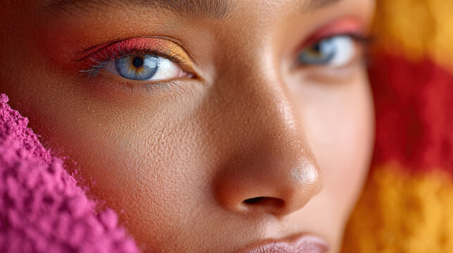 Closeup woman face with vibrant makeup and colorful textured fabrics for beauty advertising campaign and cosmetic packaging close detail of eye and skin