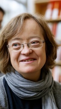 Woman with Down syndrome wearing glasses and a gray scarf smiles softly in a library setting, with bookshelves filled with colorful books in the background