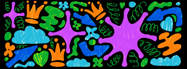Fototapeta premium Playful organic shapes with hand drawn doodle figures and vibrant neon crayon elements. Purple green blue crowns hearts clouds with stars on black. Vector set of abstract shapes for kids sticker