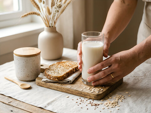 Glass of milk with whole grain bread and seeds on rustic wooden table