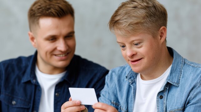 Two young men, one with Down syndrome, share a moment while looking at a card, seated at a table with a neutral background and soft lighting