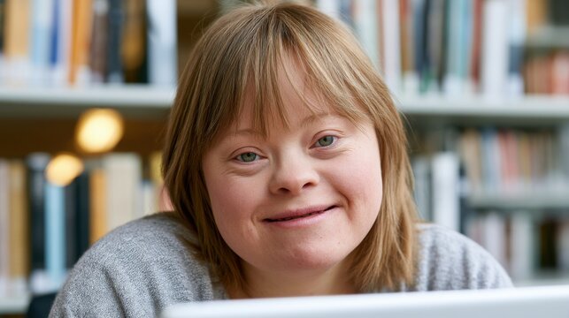 Young woman with Down syndrome smiling at a laptop in a library, bookshelves filled with books visible in the background, natural light illuminating the scene