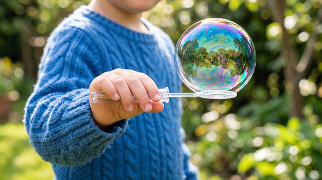 Child holding a bubble wand in a bright room, representing sensory play, curiosity, focus, and joyful indoor activity.