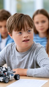 Boy with Down syndrome wearing gray shirt engages with robotics project at classroom table, two classmates visible in the background, bright learning environment