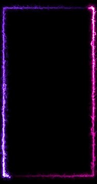 Vertical Neon Electric Energy Frame Border Animation on Black Background. Purple Pink Glowing Lightning Overlay for Mobile, Social Media, Streaming, Seamless Loop 4K.