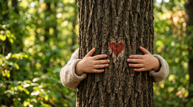Person hugging a tree with a red heart, symbolizing love for nature, forest conservation, sustainability, and environmental care.