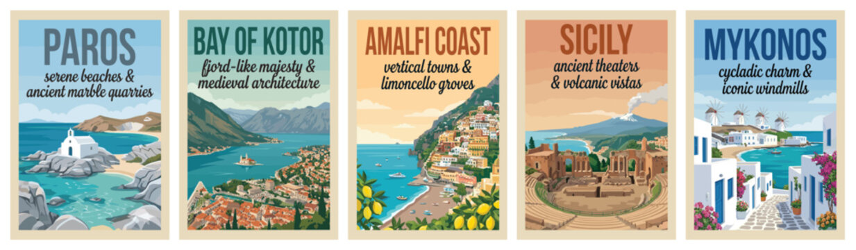 Vintage Mediterranean coast travel poster set. Retro coastal landscape illustration of Paros, Kotor, Amalfi, Sicily, and Mykonos for wall art. Print