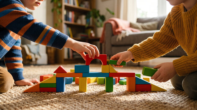 Children building with colorful blocks together, symbolizing teamwork, creativity, cooperation, learning, and social development.