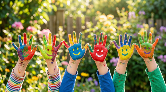 Kids display bright painted palms outdoors, symbolizing art education, inclusion, fun, and positive emotional development.