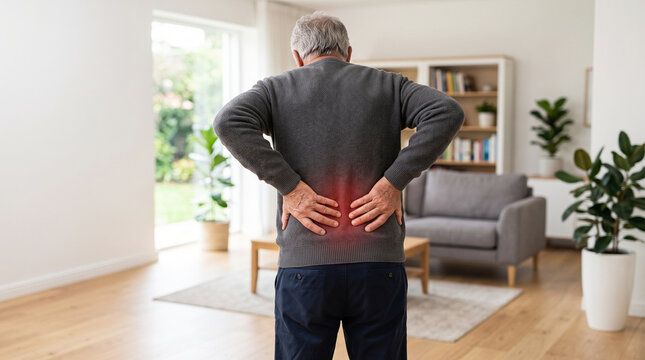 Senior man holding his lower back at home, symbolizing lumbar pain, muscle strain, aging, limited mobility, and healthcare needs.