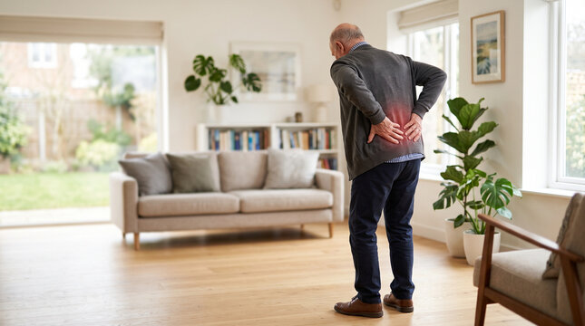Rear view of senior man touching painful waist, symbolizing lower back strain, fatigue, posture issues, and medical care.