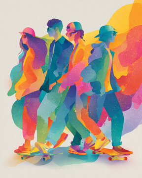 Diverse group of young people using technology and creating art together. Dynamic design about youth empowerment