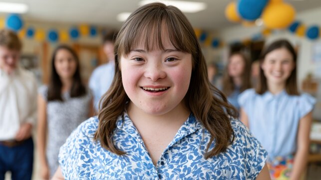 Young girl with Down syndrome smiling in a classroom setting, surrounded by classmates wearing casual attire, colorful decorations visible in the background