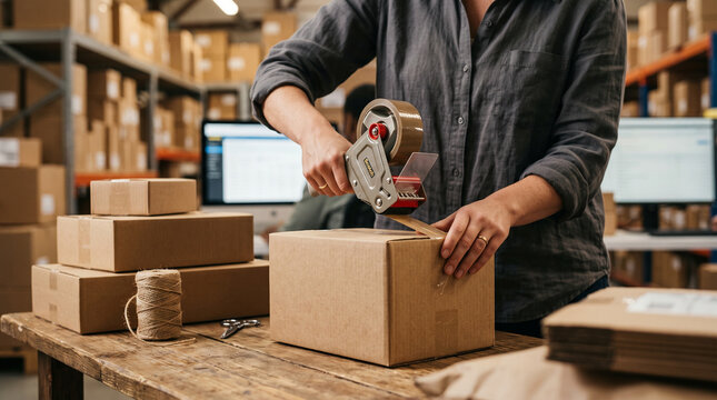 Worker packing a parcel with tape in a home studio, representing online retail, logistics, productivity, and customer service.
