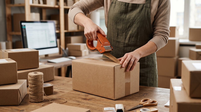 Small business owner sealing a cardboard box, symbolizing e-commerce, order fulfillment, packaging, and reliable delivery.