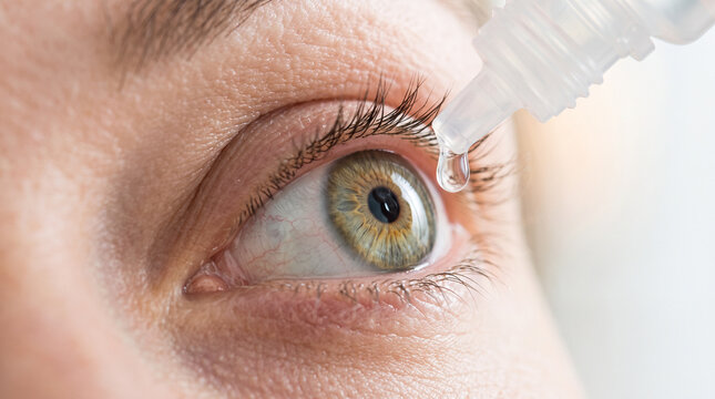 Human eye receiving artificial tears, symbolizing dry eye therapy, moisture balance, and vision protection.