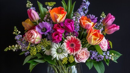 Fototapeta premium Vibrant spring flower bouquet in full bloom. Fresh colorful floral arrangement with tulips, daisies, and greenery for weddings and events.