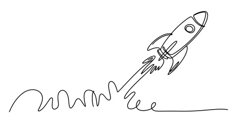 Continuous single line drawing of a flying space rocket ship taking off into the sky as a metaphor for business growth and startup success Vector, illustration © New Outline
