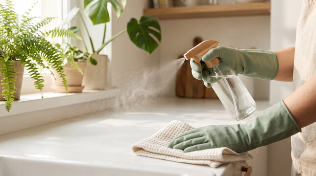 Worker uses disinfectant spray and cloth in a modern kitchen, symbolizing deep cleaning, safety, and healthy living.