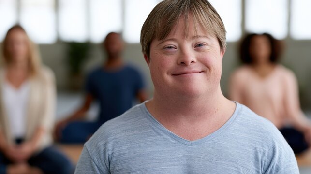 Male individual with Down syndrome smiling at the camera during a group meditation session in a bright, spacious indoor environment with other participants in the background