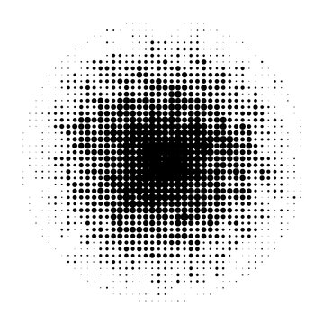 Black halftone dot pattern in circular splash shape with distorted pixelated effect isolated on transparent background for textures.