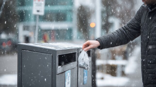 A man discards garbage into a city trash bin as snow falls around him. The scene captures themes of urban responsibility, cleanliness, environmental mindfulness, and the routine of winter city living.