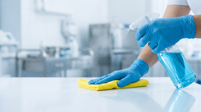 Gloved hands wipe cleaning solution from a countertop, representing surface disinfection, care, and cleanliness.