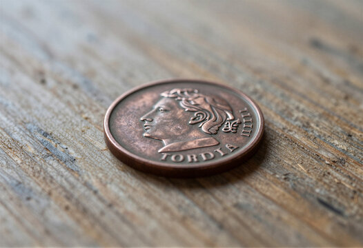 Old copper coin on weathered wood, macro