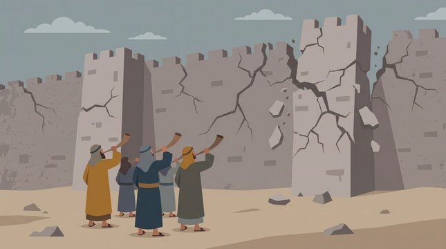 AI generated biblical illustration of the fall of the walls of Jericho with trumpets