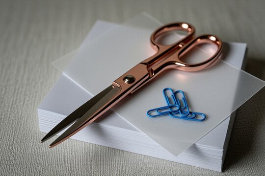 Rose gold scissors sit on stack of white paper sheets near blue paper clips. Neutral background suggests office or craft workspace. Ready for cutting, organizing, or design.