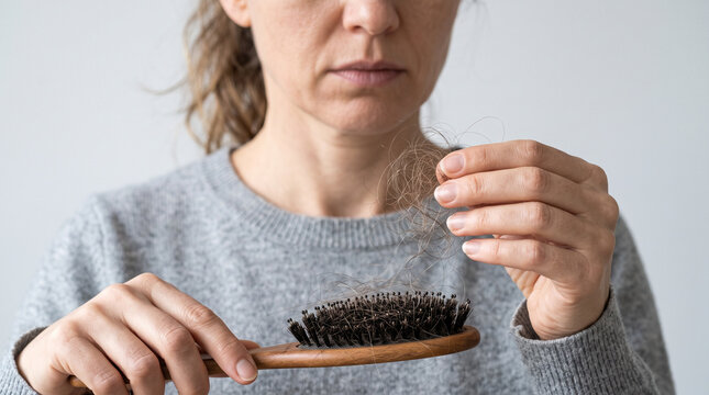 Concerned woman checking fallen hair from a brush, symbolizing excessive shedding, nutrition problems, and emotional stress.
