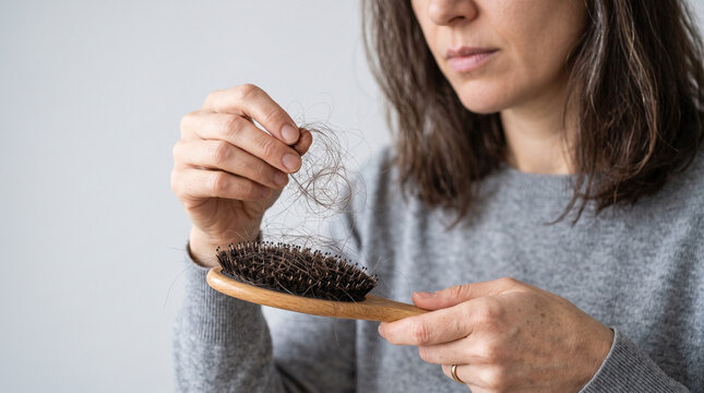 Woman holding a hairbrush with loose strands, symbolizing hair loss, stress, hormonal imbalance, and personal health concerns
