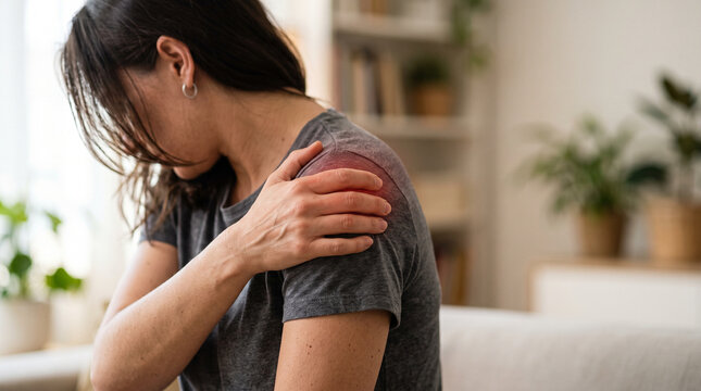 Young woman touching sore shoulder, representing chronic pain, stiffness, fatigue, poor posture, and physical discomfort.