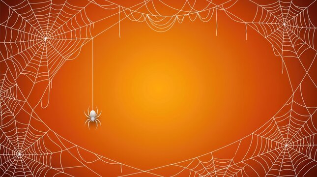 Halloween spider web frame on orange background, spooky cobweb border with hanging spider, festive autumn holiday greeting card template